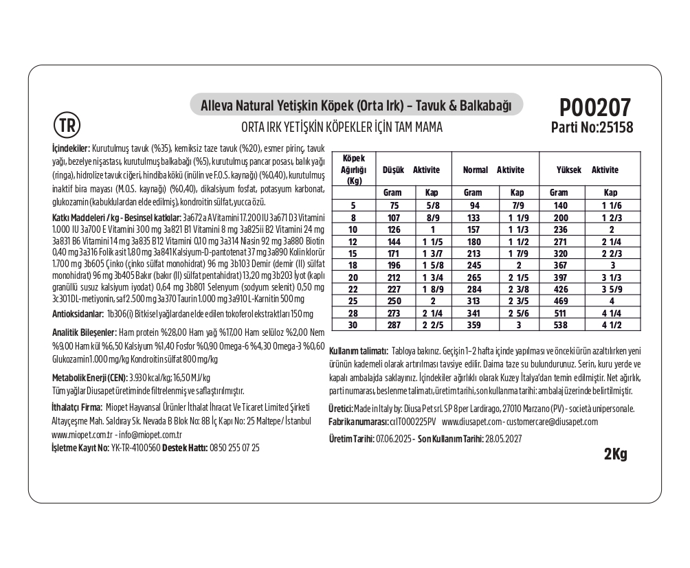 Alleva Natural Tavuk & Balkabağı Düşük Tahıllı Medium Yetişkin Köpek Maması 2 Kg İçindekiler