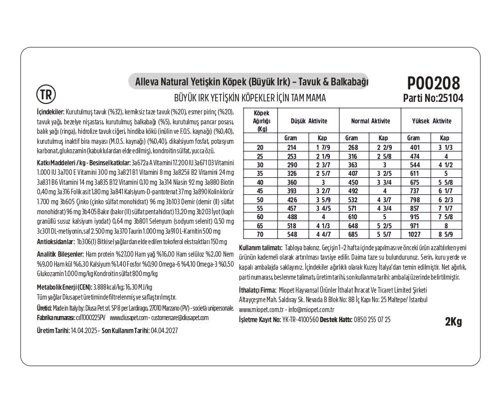 Alleva Natural Tavuk & Balkabağı Düşük Tahıllı Maxi Yetişkin Köpek Maması 2 Kg İçindekiler