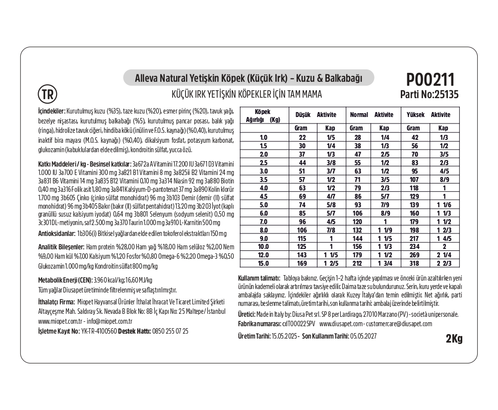 Alleva Natural Kuzu & Balkabağı Düşük Tahıllı Mini Yetişkin Köpek Maması 2 Kg İçindekiler