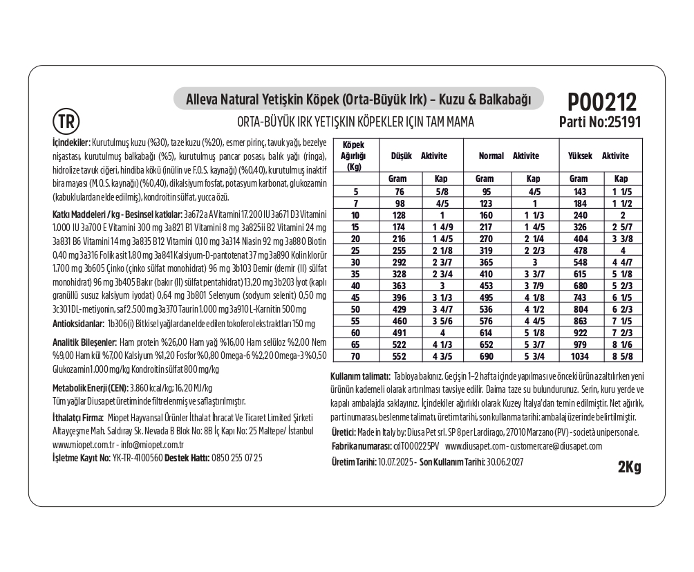 Alleva Natural Kuzu & Balkabağı Düşük Tahıllı Medium-Maxi Yetişkin Köpek Maması 2 Kg İçindekiler