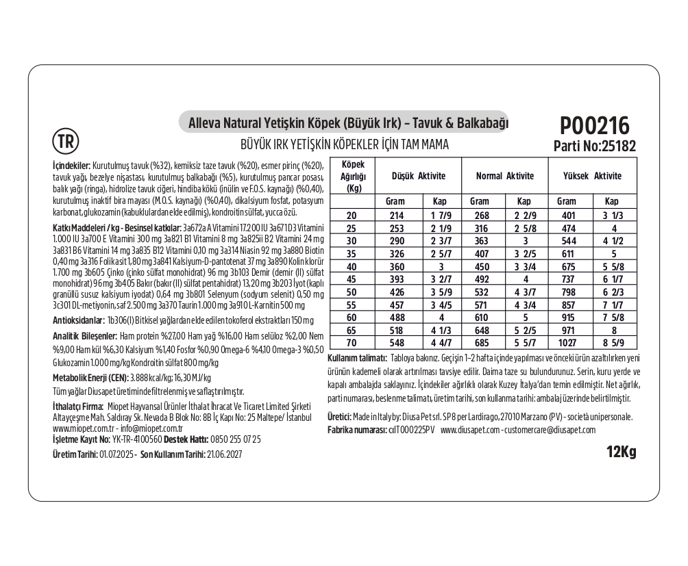 Alleva Natural Tavuk & Balkabağı Düşük Tahıllı Maxi Yetişkin Köpek Maması 12 Kg İçindekiler