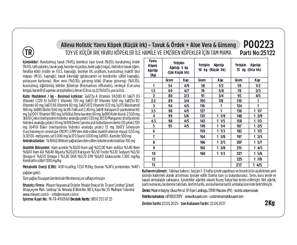 Alleva Holistik Tavuk & Ördek Tahılsız Mini Yavru Köpek Maması 2 Kg İçindekiler
