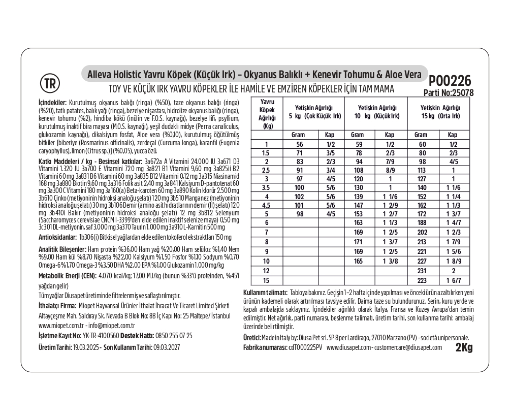 Alleva Holistik Balık Tahılsız Mini Yavru Köpek Maması 2 Kg İçindekiler