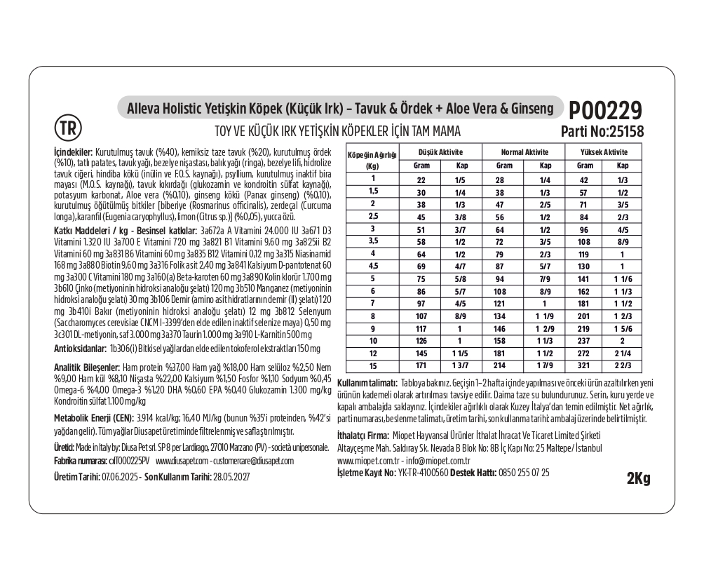 Alleva Holistik Tavuk & Ördek Tahılsız Mini Yetişkin Köpek Maması 2 Kg İçindekiler
