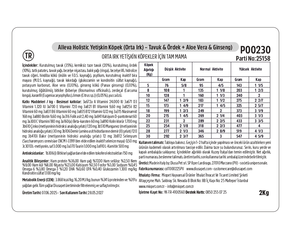 Alleva Holistik Tavuk & Ördek Tahılsız Medium Yetişkin Köpek Maması 2 Kg İçindekiler