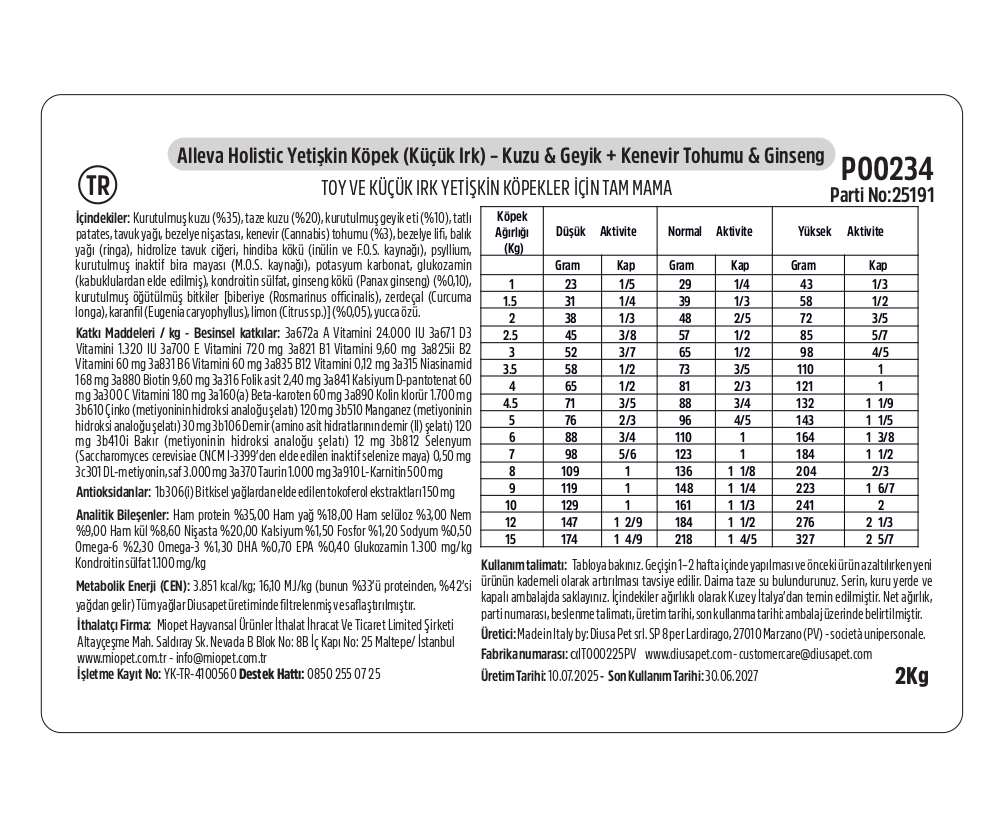 Alleva Holistik Kuzu & Geyik Tahılsız Mini Yetişkin Köpek Maması 2 Kg İçindekiler
