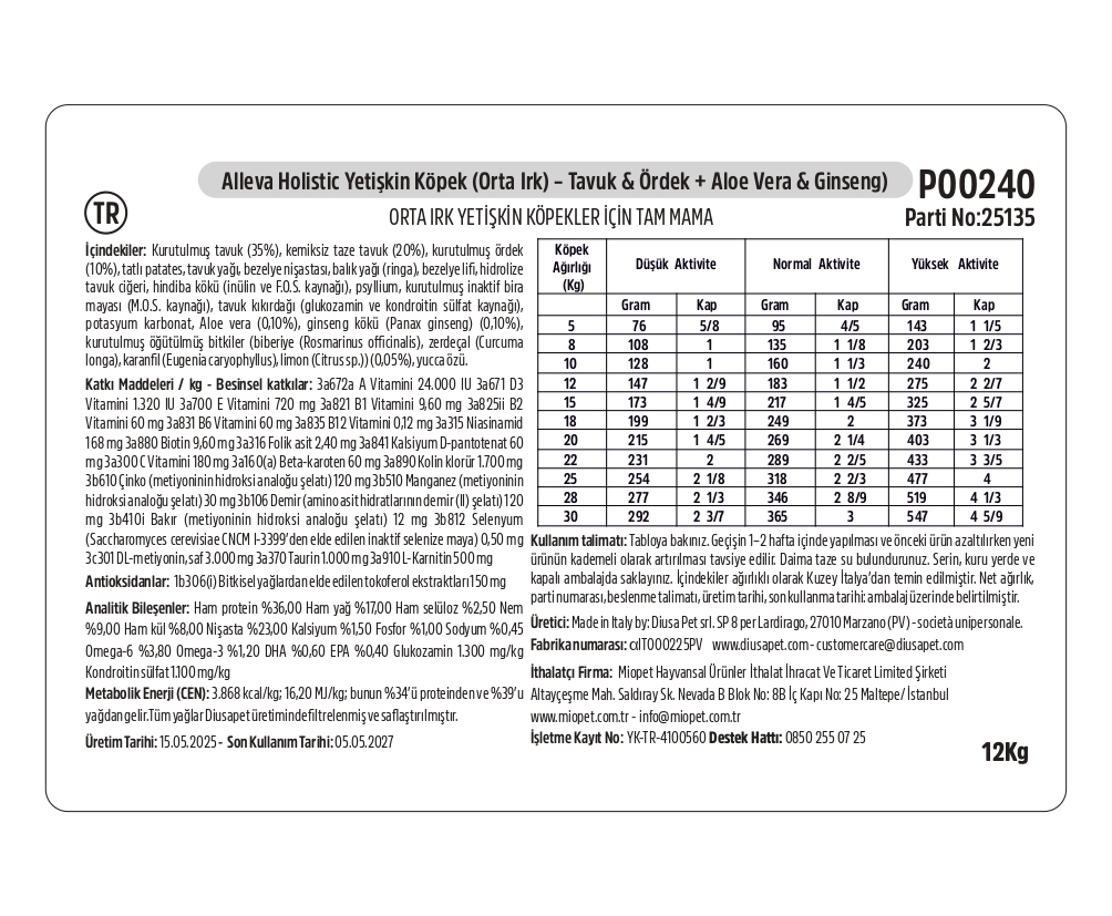 Alleva Holistik Tavuk & Ördek Tahılsız Medium Yetişkin Köpek Maması İçindekiler