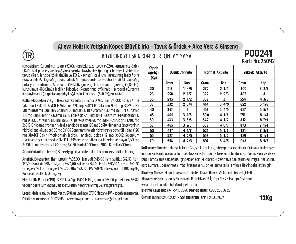 Alleva Holistik Tavuk & Ördek Tahılsız Maxi Yetişkin Köpek Maması 12 Kg İçindekiler