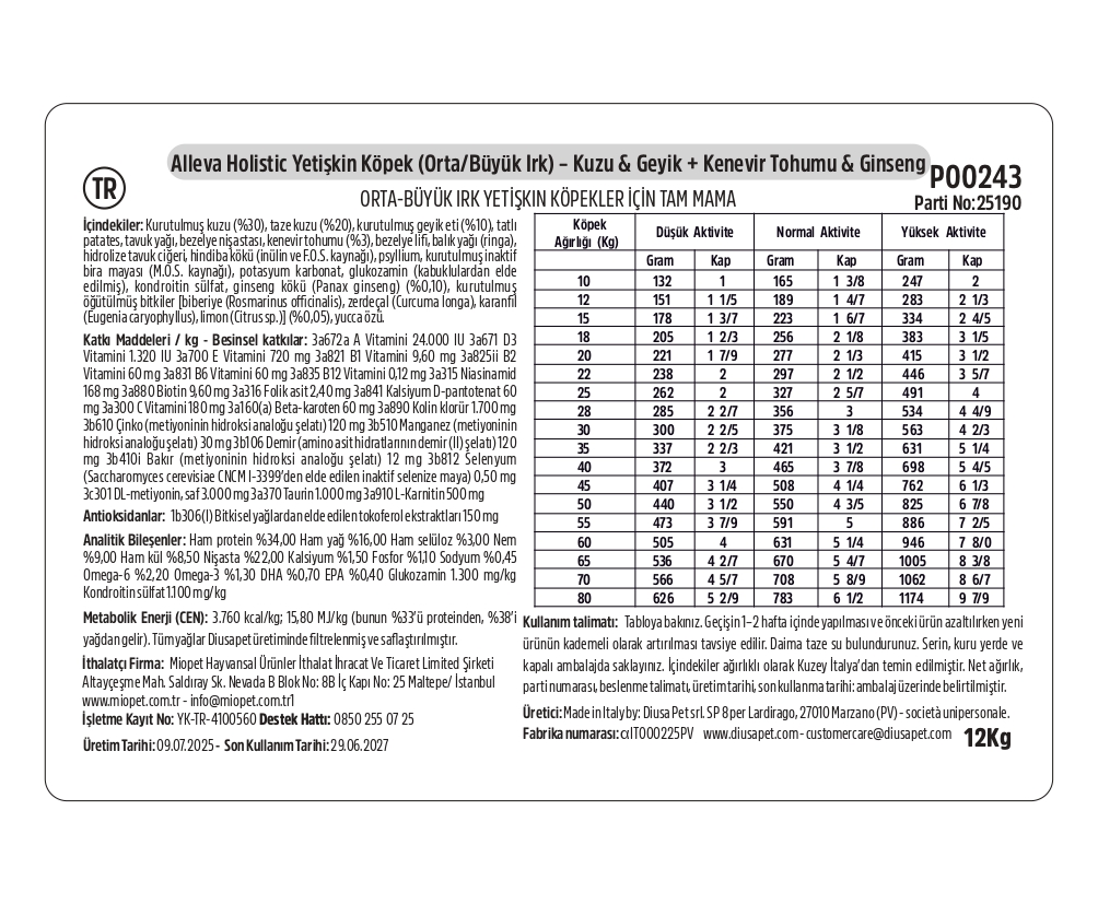 Alleva Holistik Kuzu & Geyik Tahılsız Medium-Maxi Yetişkin Köpek Maması 12 Kg İçindekiler