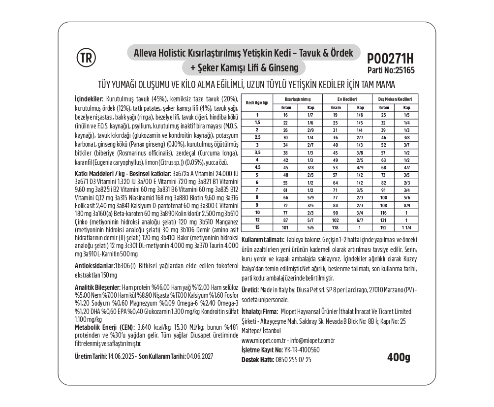 Alleva Holistik Tavuk & Ördek Tahılsız Yetişkin & Kısırlaştırılmış Kedi Maması 0,4 Kg İçindekiler