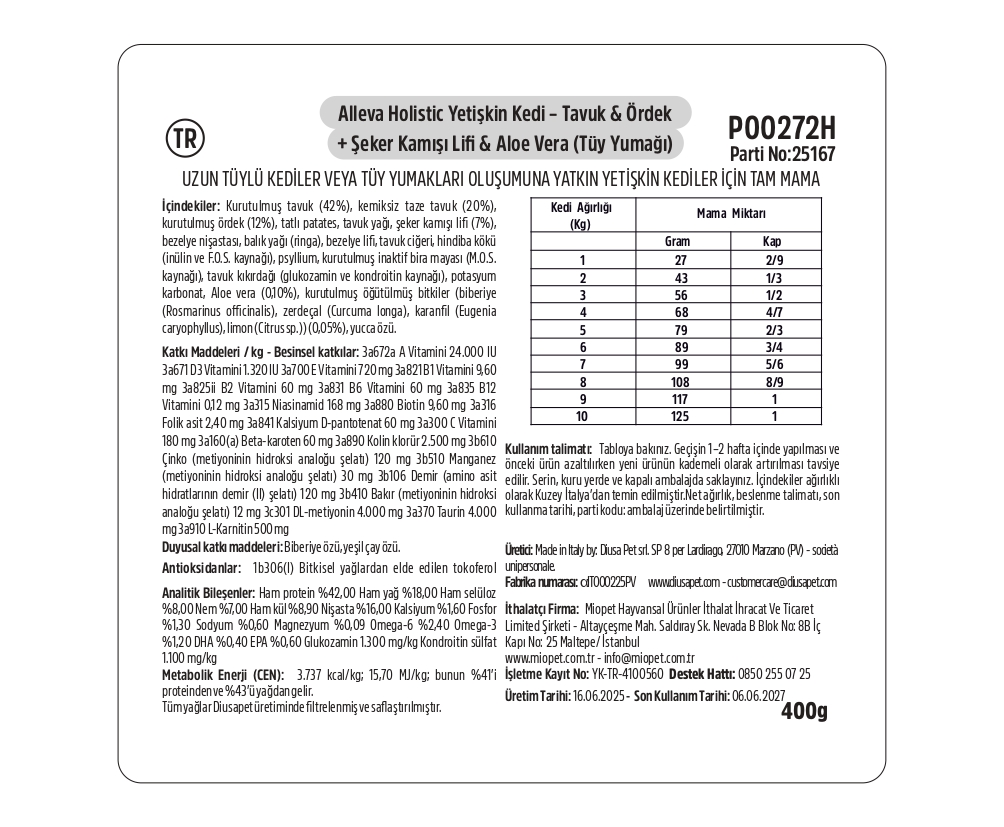 Alleva Holistik Hairball Light Tavuk & Ördek Tahılsız Yetişkin Kedi Maması 0,4 Kg İçindekiler