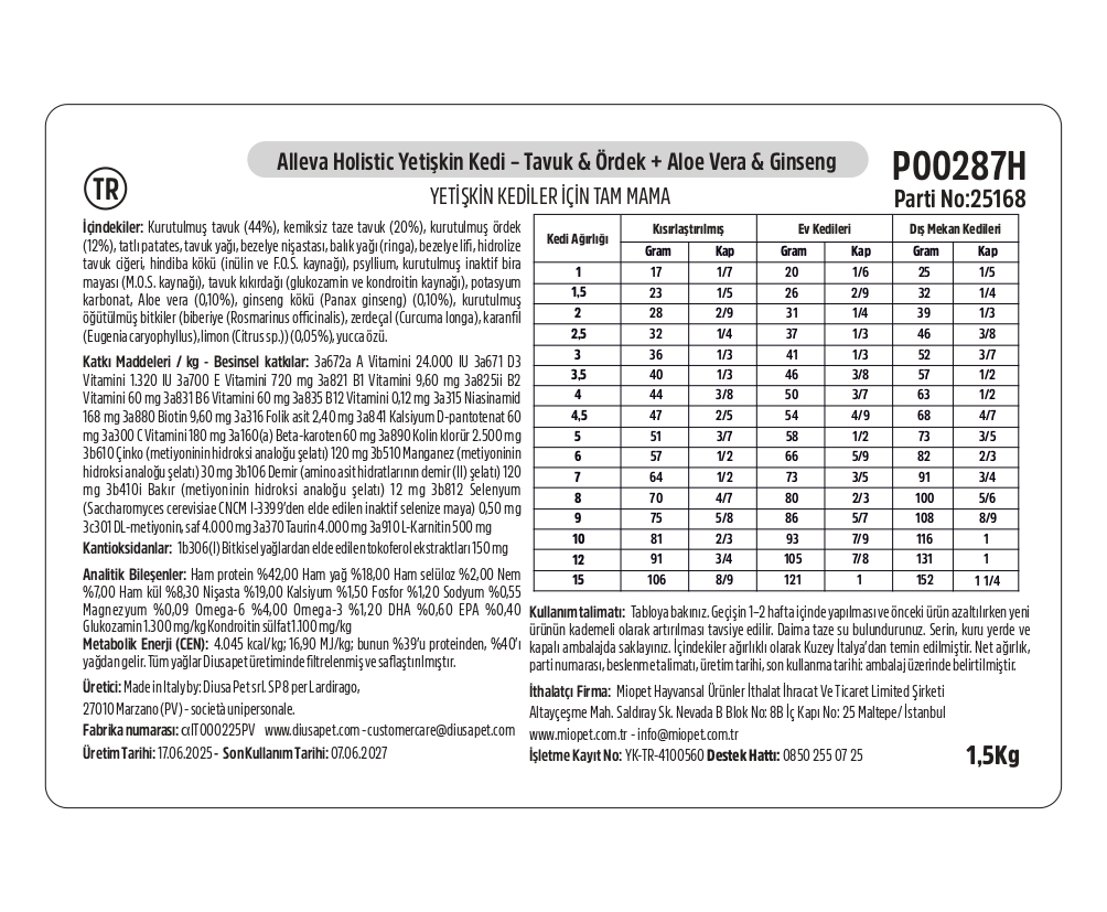 Alleva Holistik Tavuk & Ördek Tahılsız Yetişkin & Kısırlaştırılmış Kedi Maması 1,5 Kg İçindekiler