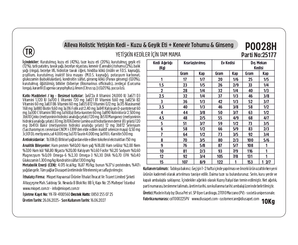 Alleva Holistik Kuzu & Geyik Tahılsız Yetişkin & Kısırlaştırılmış Kedi Maması 1,5 Kg İçindekiler