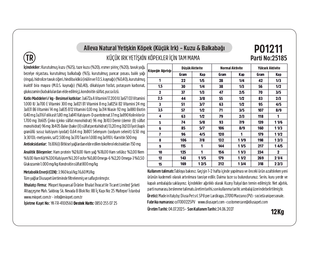 Alleva Natural Kuzu & Balkabağı Düşük Tahıllı Mini Yetişkin Köpek Maması 12 Kg İçindekiler