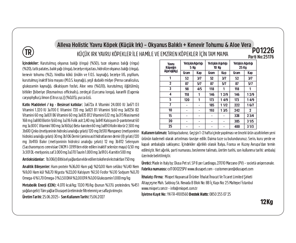 Alleva Holistik Balık Tahılsız Mini Yavru Köpek Maması 12 Kg İçindekiler