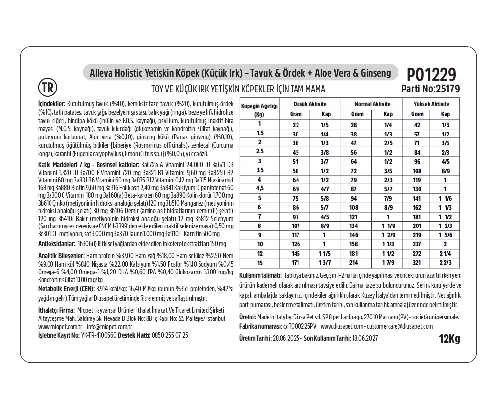 Alleva Holistik Tavuk & Ördek Tahılsız Mini Yetişkin Köpek Maması 12 Kg İçindekiler