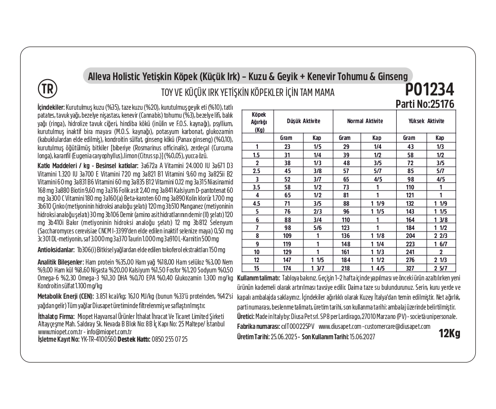 Alleva Holistik Kuzu & Geyik Tahılsız Mini Yetişkin Köpek Maması 12 Kg İçindekiler