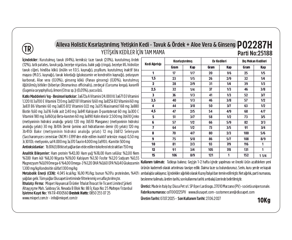 Alleva Holistik Tavuk & Ördek Tahılsız Yetişkin & Kısırlaştırılmış Kedi Maması 10 Kg İçindekiler