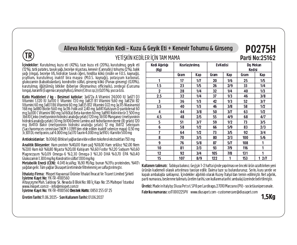 Alleva Holistik Kuzu & Geyik Tahılsız Yetişkin & Kısırlaştırılmış Kedi Maması 1,5 Kg İçindekiler